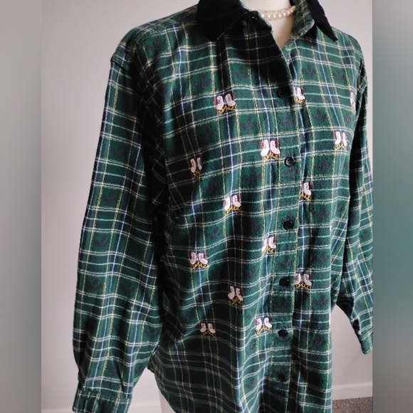 Victoria Jones Woman Flannel Plaid Embroidered Ice Skate Velvet Shirt Size 1X - Picture 4 of 13